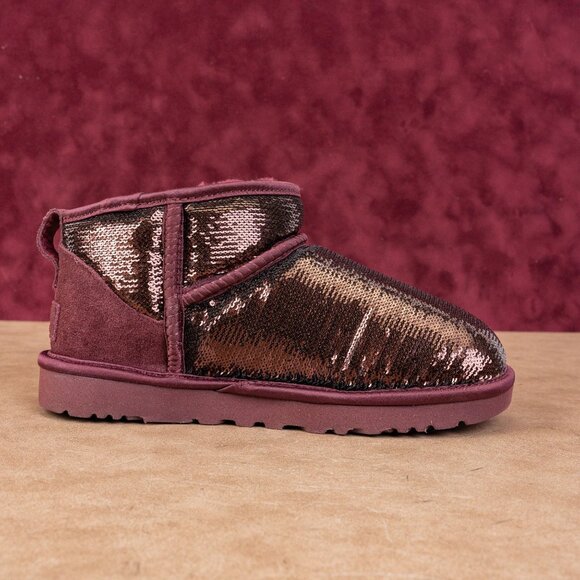 UGG Women Ultra Mini Mirror Burgundy Glitter Winter Ankle Boots sz 6 - Picture 4 of 6